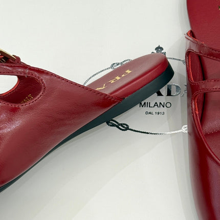 PRADA 25S DUAL MARY JANE BALLERINA MULES IN RED WINE CALFSKIN