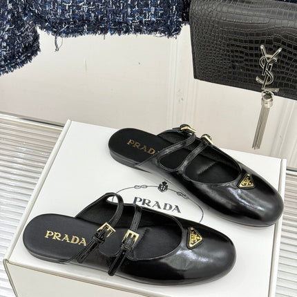 PRADA 25S DUAL MARY JANE BALLERINA MULES IN BLACK CALFSKIN