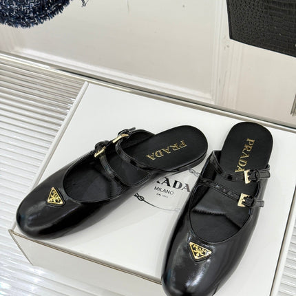 PRADA 25S DUAL MARY JANE BALLERINA MULES IN BLACK CALFSKIN