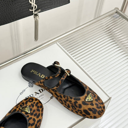 PRADA 25S DUAL MARY JANE BALLERINA MULES IN LEOPARD PRINT PONY HAIR