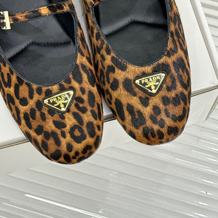 PRADA 25S DUAL MARY JANE BALLERINA MULES IN LEOPARD PRINT PONY HAIR