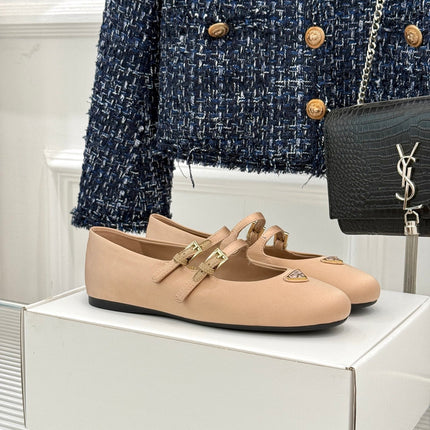 PRADA 25S DOUBLE STRAP BALLERINAS IN NUDE SATIN