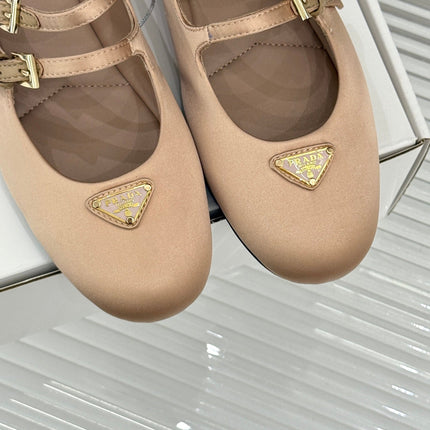 PRADA 25S DOUBLE STRAP BALLERINAS IN NUDE SATIN
