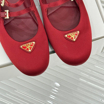 PRADA 25S DOUBLE STRAP BALLERINAS IN RED WINE SATIN