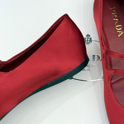PRADA 25S DOUBLE STRAP BALLERINAS IN RED WINE SATIN