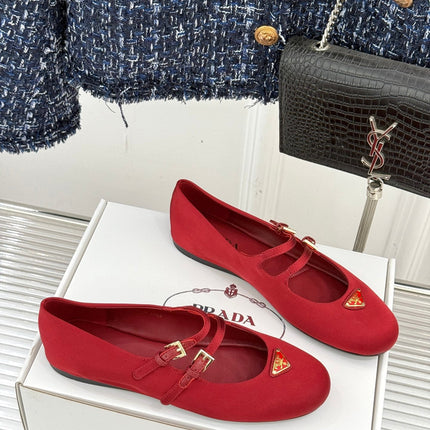 PRADA 25S DOUBLE STRAP BALLERINAS IN RED WINE SATIN