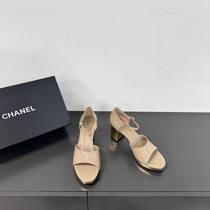 BLOCK HEEL SANDALS BEIGE SHEEPSKIN