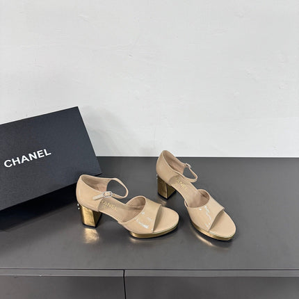 BLOCK HEEL SANDALS BEIGE SHEEPSKIN