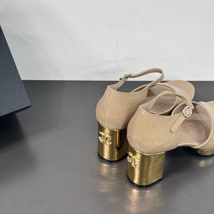 BLOCK HEEL SANDALS BEIGE SHEEPSKIN