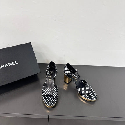 BLOCK HEEL SANDALS BLACK POLKA DOT SHEEPSKIN