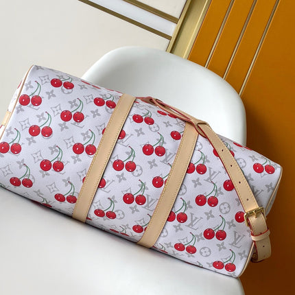 KEEPALL BANDOULIÈRE 45 IN WHITE AND RED CALFSKIN