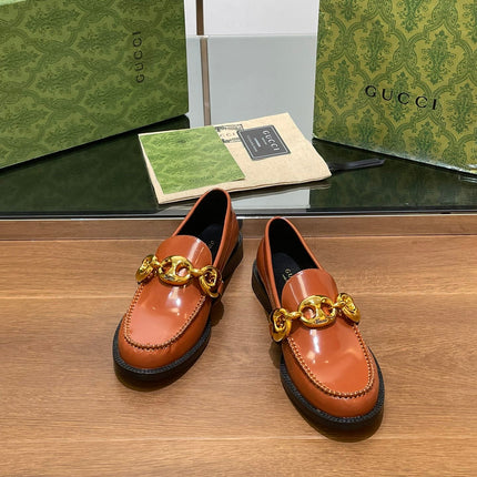 GG LOAFER SHOES IN BRONZE BROWN CALFSKIN WITH GOLD HARDWARE
