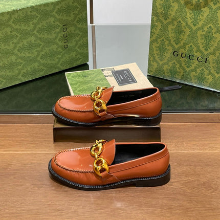 GG LOAFER SHOES IN BRONZE BROWN CALFSKIN WITH GOLD HARDWARE