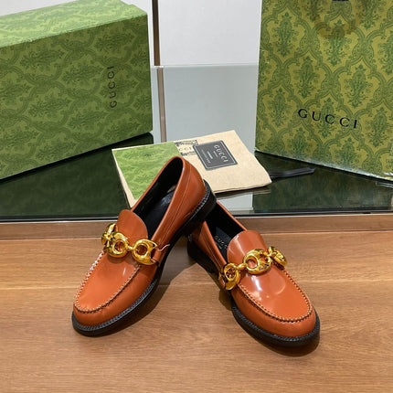 GG LOAFER SHOES IN BRONZE BROWN CALFSKIN WITH GOLD HARDWARE