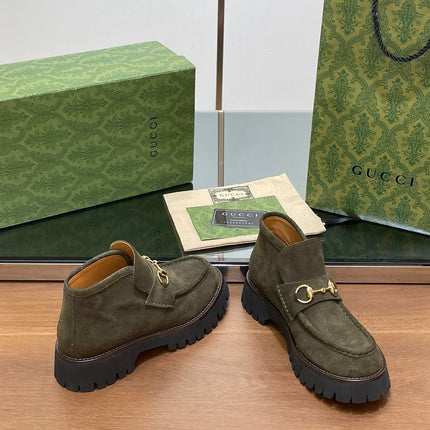 GG WOMEN'S HORSEBIT ANKLE BOOTS 4.5CM IN KHAKI GREEN SUEDE