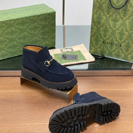 GG WOMEN'S HORSEBIT ANKLE BOOTS 4.5CM IN NAVY BLUE SUEDE