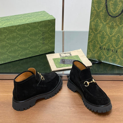 GG WOMEN'S HORSEBIT ANKLE BOOTS 4.5CM IN BLACK SUEDE