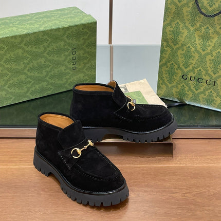 GG WOMEN'S HORSEBIT ANKLE BOOTS 4.5CM IN BLACK SUEDE