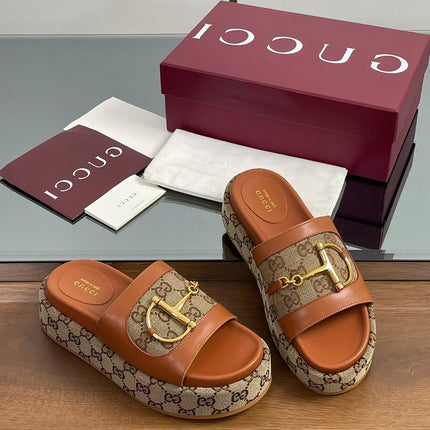 HIGH 5.5 CM WEDGE SANDALS IN BURNT BROWN MIX BEIGE CALFSKIN AND FABRIC