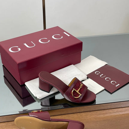 HIGH HEEL MULE 5.5 CM IN DARK RED CALFSKIN MIX FABRIC AND GOLD HARDWARE