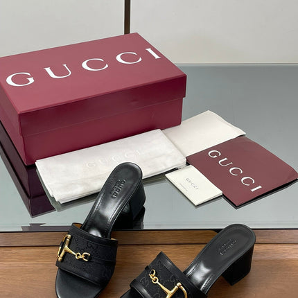 HIGH HEEL MULE 5.5 CM IN BLACK CALFSKIN MIX FABRIC AND GOLD HARDWARE