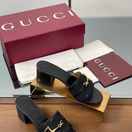 HIGH HEEL MULE 5.5 CM IN BLACK CALFSKIN MIX FABRIC AND GOLD HARDWARE