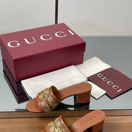 HIGH HEEL MULE 5.5 CM IN BROWN CALFSKIN MIX FABRIC AND GOLD HARDWARE