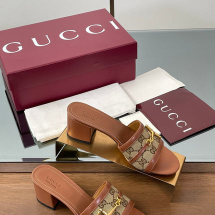 HIGH HEEL MULE 5.5 CM IN BROWN CALFSKIN MIX FABRIC AND GOLD HARDWARE