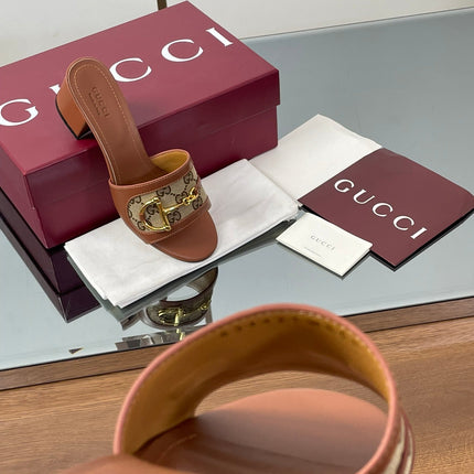 HIGH HEEL MULE 5.5 CM IN BROWN CALFSKIN MIX FABRIC AND GOLD HARDWARE