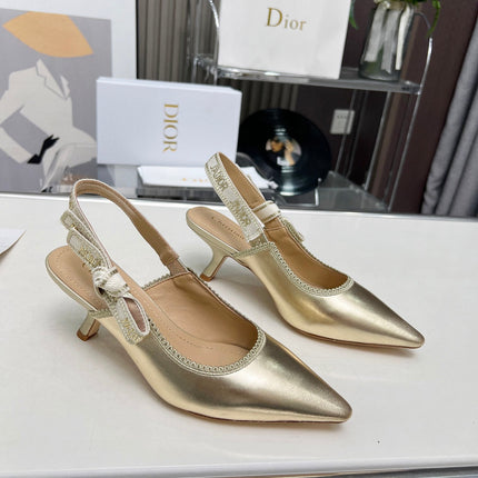 J'ADIOR SLINGBACK PUMP LIGHT GOLD CALFSKIN AND EMBROIDERED FABRIC 65 MM