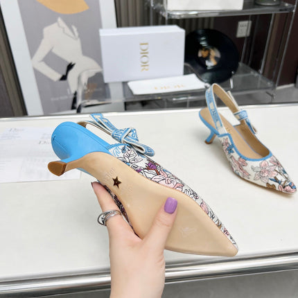 J'ADIOR SLINGBACK PUMP COLORFUL NATURAL RAFFIA AND EMBROIDERED COTTON 65 MM 130845