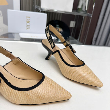 J'ADIOR SLINGBACK PUMP NATURAL RAFFIA AND BLACK EMBROIDERED COTTON 65 MM