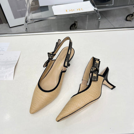 J'ADIOR SLINGBACK PUMP NATURAL RAFFIA AND BLACK EMBROIDERED COTTON 65 MM
