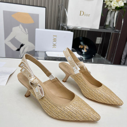 J'ADIOR SLINGBACK PUMP NATURAL RAFFIA AND BEIGE EMBROIDERED COTTON 65 MM