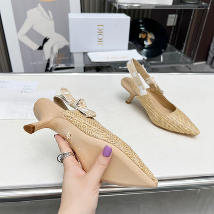 J'ADIOR SLINGBACK PUMP NATURAL RAFFIA AND BEIGE EMBROIDERED COTTON 65 MM