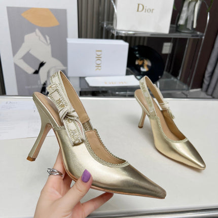 J'ADIOR SLINGBACK PUMP LIGHT GOLD CALFSKIN AND EMBROIDERED FABRIC 10 CM