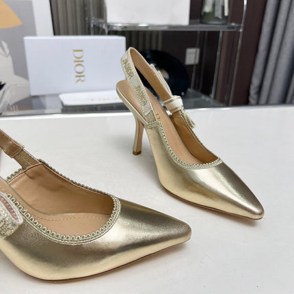J'ADIOR SLINGBACK PUMP LIGHT GOLD CALFSKIN AND EMBROIDERED FABRIC 10 CM