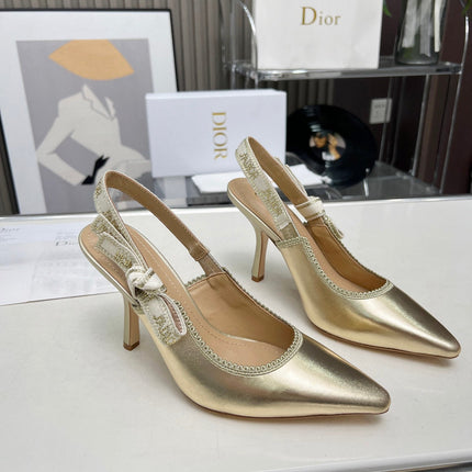 J'ADIOR SLINGBACK PUMP LIGHT GOLD CALFSKIN AND EMBROIDERED FABRIC 10 CM