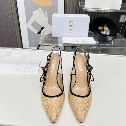 J'ADIOR SLINGBACK PUMP NATURAL RAFFIA AND BLACK EMBROIDERED COTTON 10 CM