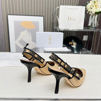 J'ADIOR SLINGBACK PUMP NATURAL RAFFIA AND BLACK EMBROIDERED COTTON 10 CM