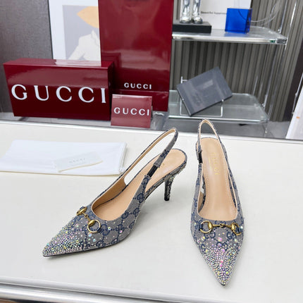 HORSEBIT SLINGBACKS IN DOVE GRAY MONOGRAM FABRIC WITH CRYSTALS