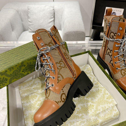 GG LACE-UP SHORT BOOTS IN CINNAMON BROWN CANVAS MIX CALFSKIN