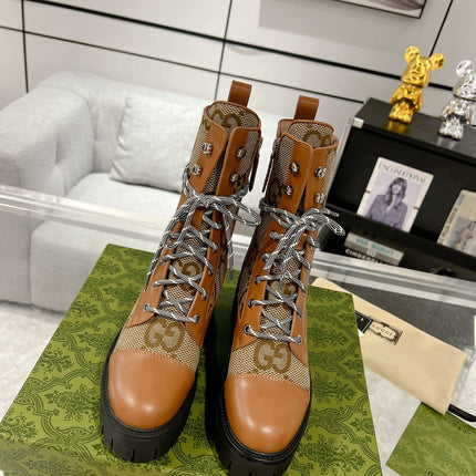 GG LACE-UP SHORT BOOTS IN CINNAMON BROWN CANVAS MIX CALFSKIN