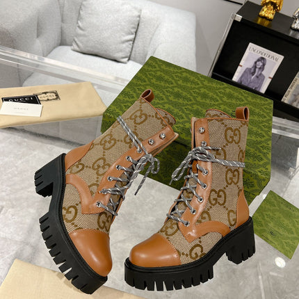 GG LACE-UP SHORT BOOTS IN CINNAMON BROWN CANVAS MIX CALFSKIN