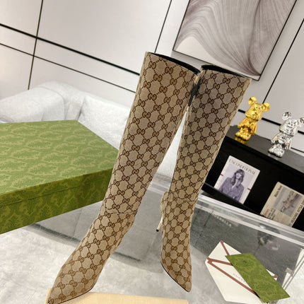 GG KNEE BOOTS IN BEIGE MONOGRAM JACQUARD FABRIC AND CALFSKIN LINING