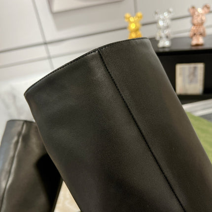 GG KNEE BOOTS IN BLACK CALFSKIN WITH GOLD PLATED HEEL
