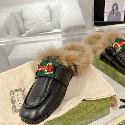 HORSEBIT MULE WITH WEB IN BLACK CALFSKIN MIX MINK FUR