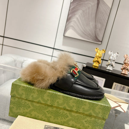 HORSEBIT MULE WITH WEB IN BLACK CALFSKIN MIX MINK FUR