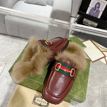 HORSEBIT MULE WITH WEB IN WINE RED CALFSKIN MIX MINK FUR