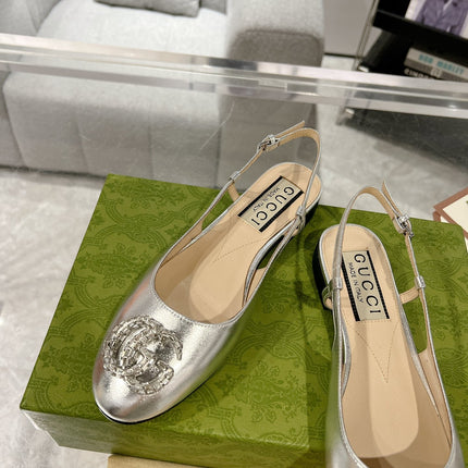 METALIC SLINGBACK FLATS IN SILVER CALFSKIN